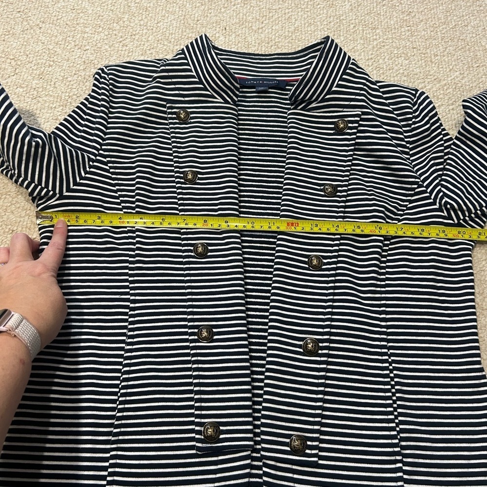 Tommy Hilfiger Striped Puff Sleeve Open Blazer Jacket Navy Large Gold Button - Picture 15 of 16